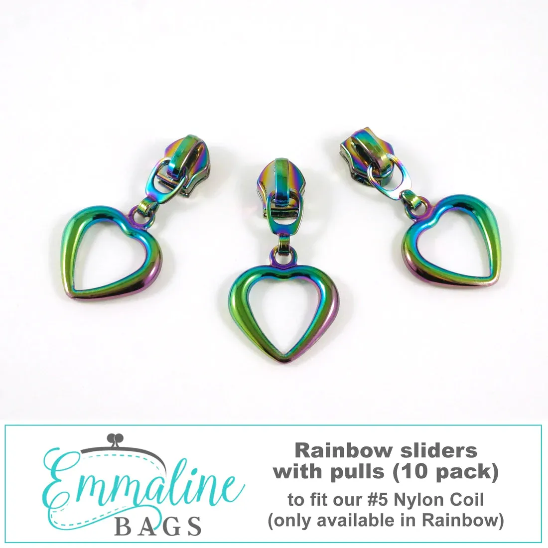 Emmaline Zipper Sliders with Pulls - *SIZE#5* (10 PACK) - Rainbow Large Hollow Heart