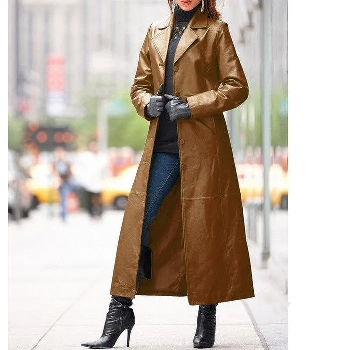 European and American women's leather coat long coat