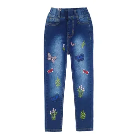 Girls Butterfly Grass Embroidered Slim Jeans Floral Pants