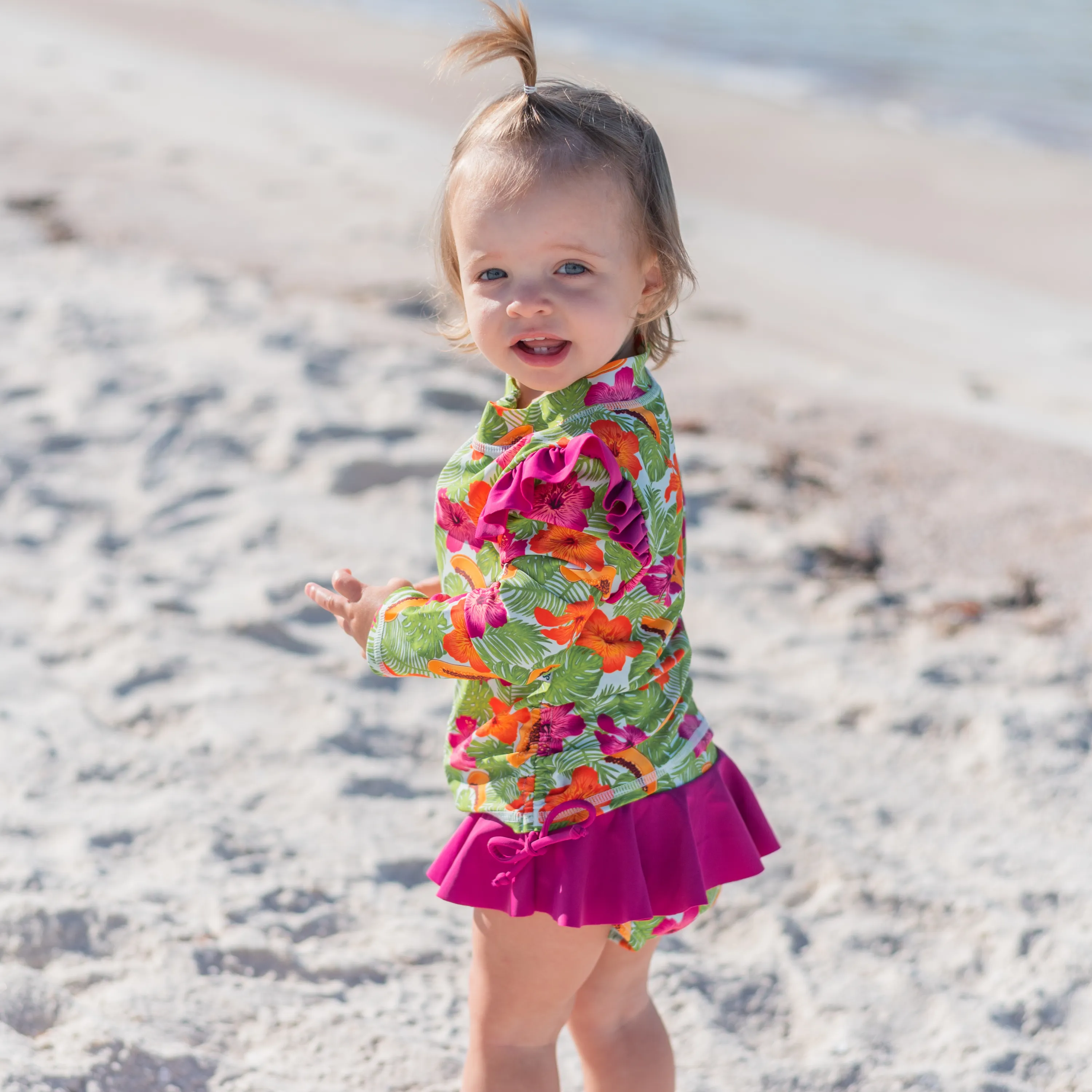 Girls Long Sleeve Rash Guard Ruffle Bottom Swimsuit Set (2 Piece) | "Hibiscus"