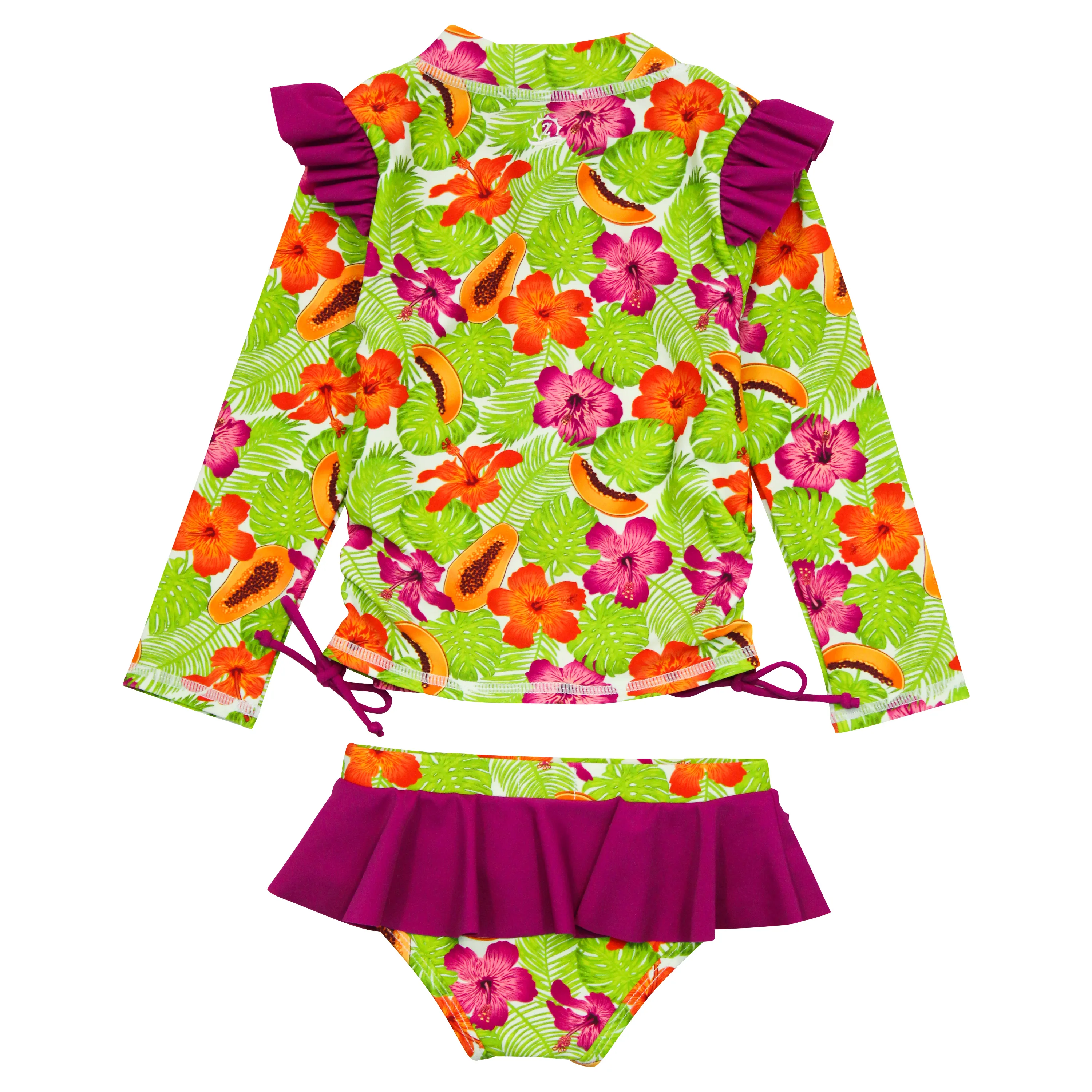 Girls Long Sleeve Rash Guard Ruffle Bottom Swimsuit Set (2 Piece) | "Hibiscus"