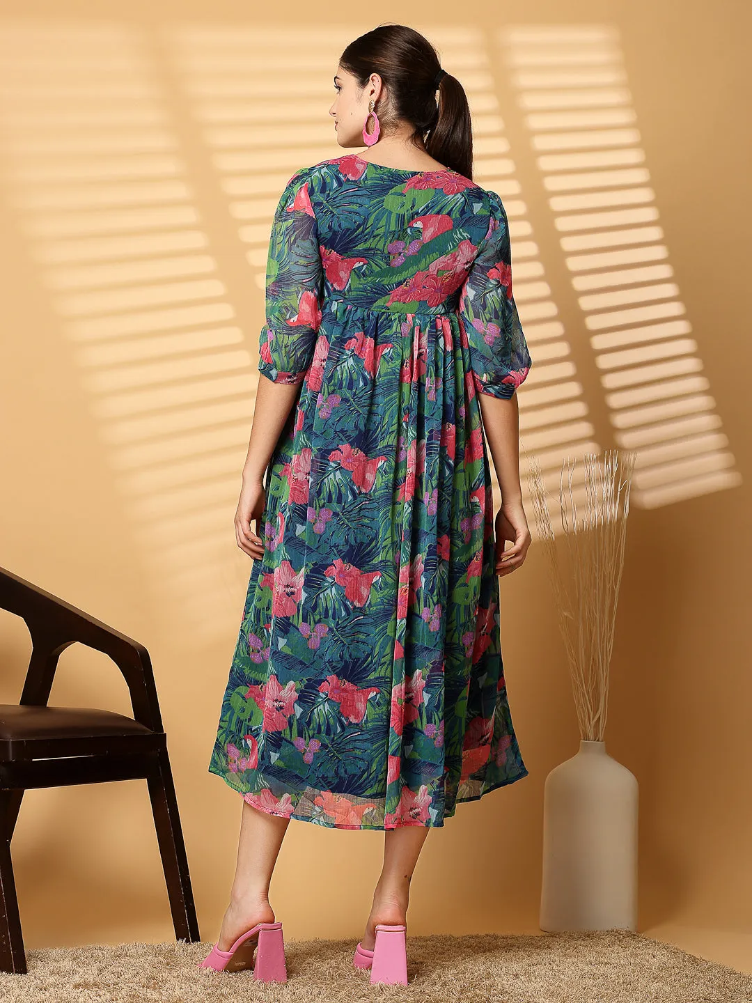 Green Floral Printed Chiffon Long Dress with Crepe Lining