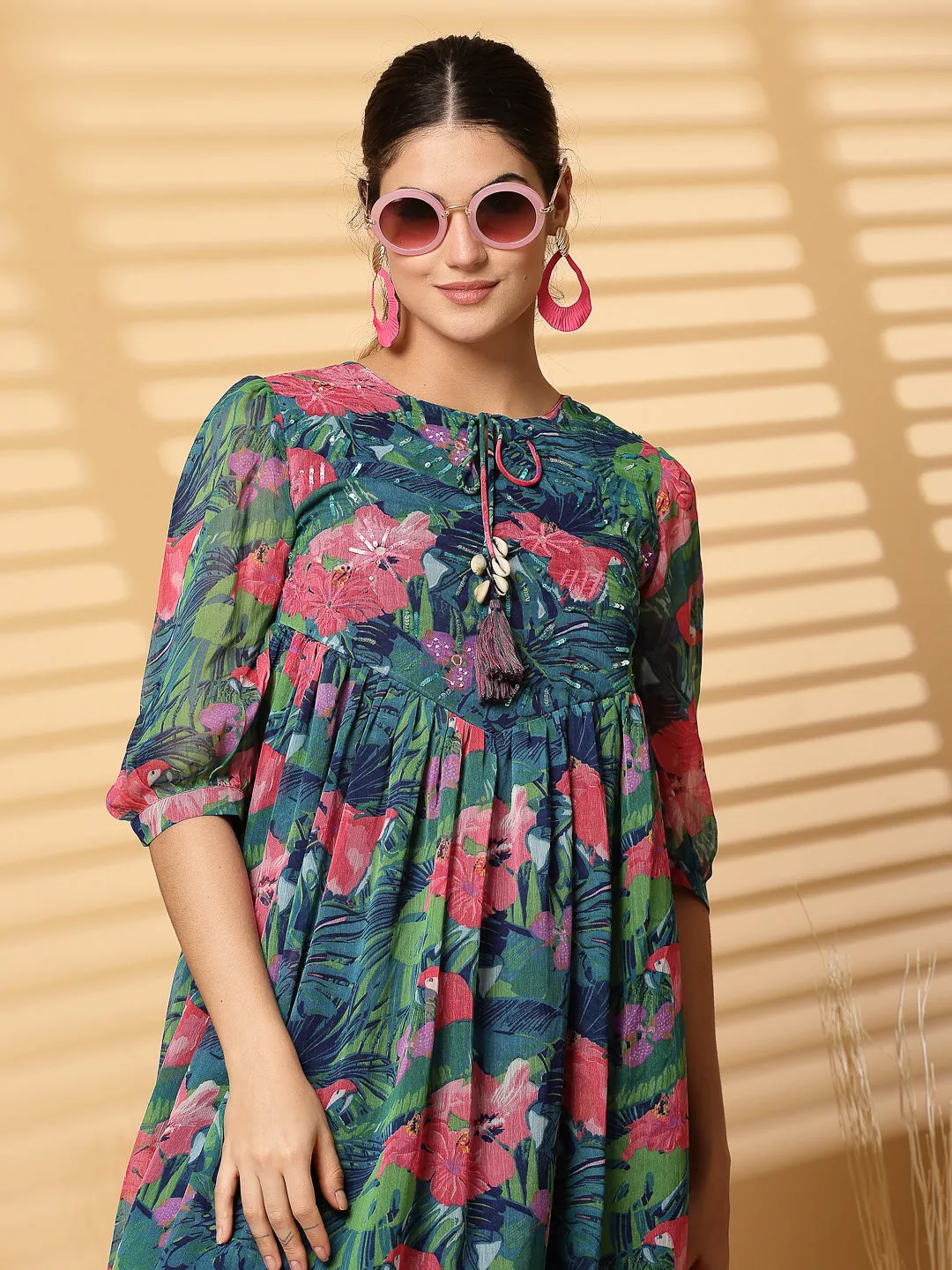 Green Floral Printed Chiffon Long Dress with Crepe Lining