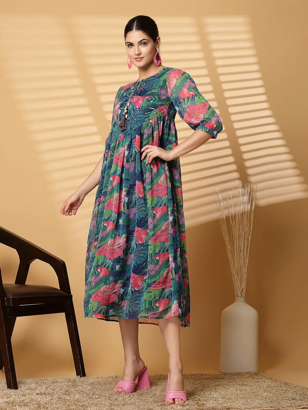 Green Floral Printed Chiffon Long Dress with Crepe Lining