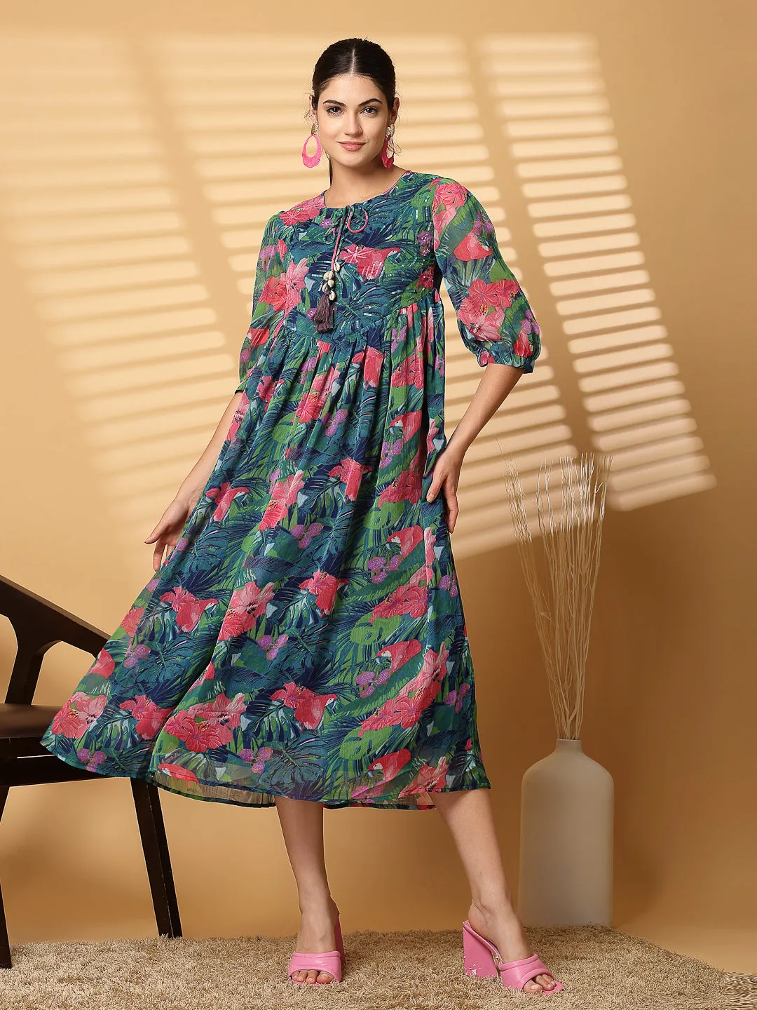 Green Floral Printed Chiffon Long Dress with Crepe Lining