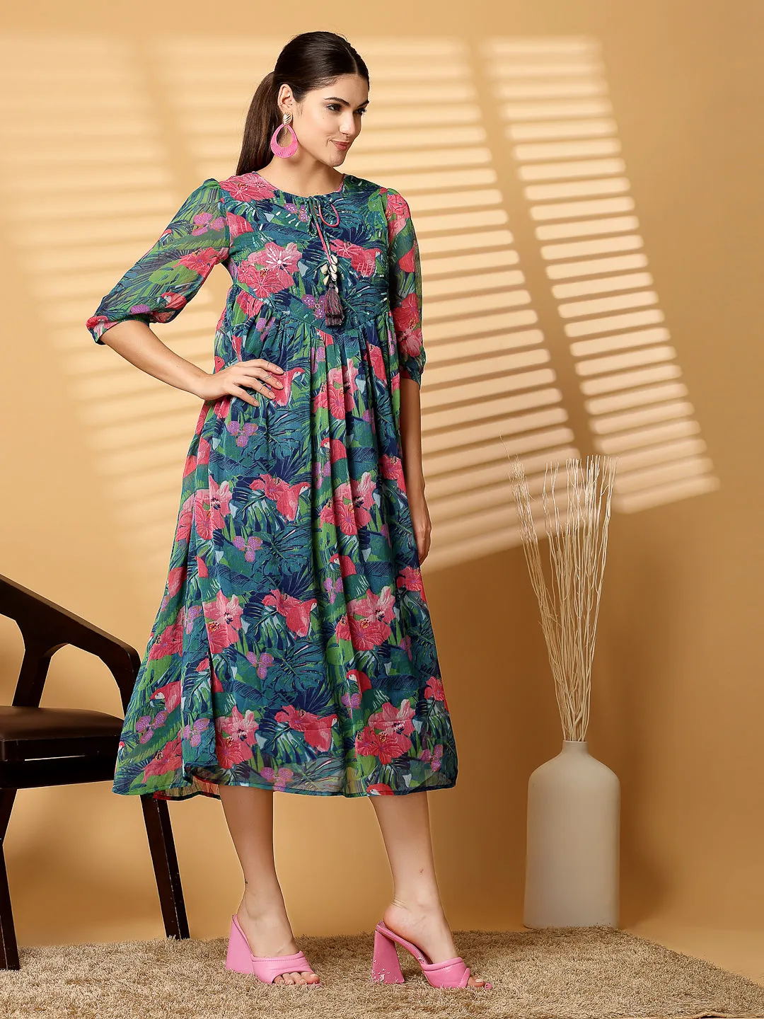 Green Floral Printed Chiffon Long Dress with Crepe Lining