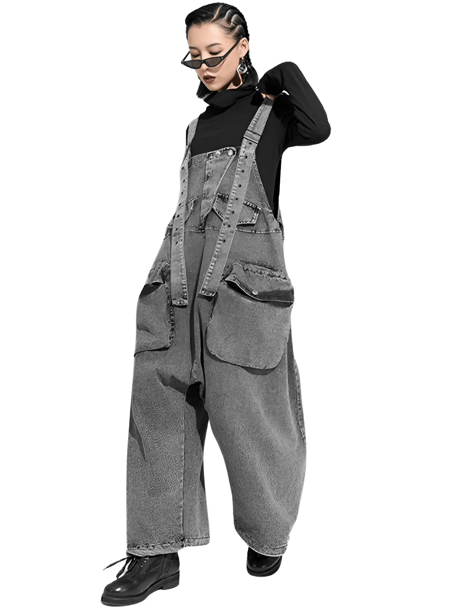 High Waist Women's Denim Overalls Black Pocket Trousers New Loose Fit Pants Women Fashion Spring Autumn