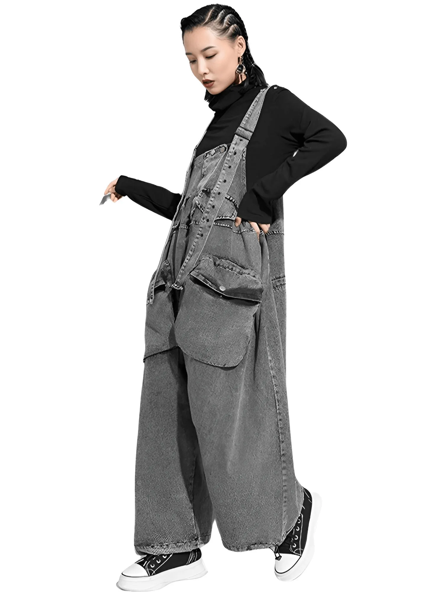 High Waist Women's Denim Overalls Black Pocket Trousers New Loose Fit Pants Women Fashion Spring Autumn