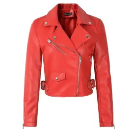 Hot Sale Red Leather Jacket Women Short Motorcycle Biker Jackets Veste Cuir Femme Black Soft Coats