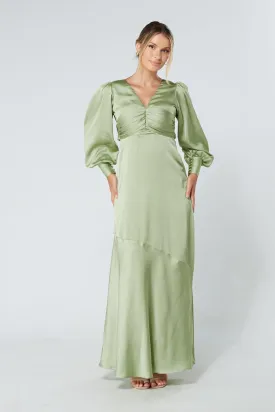 Naomi Olive Green Light Satin-Crepe Maxi Dress With Long Sleeves