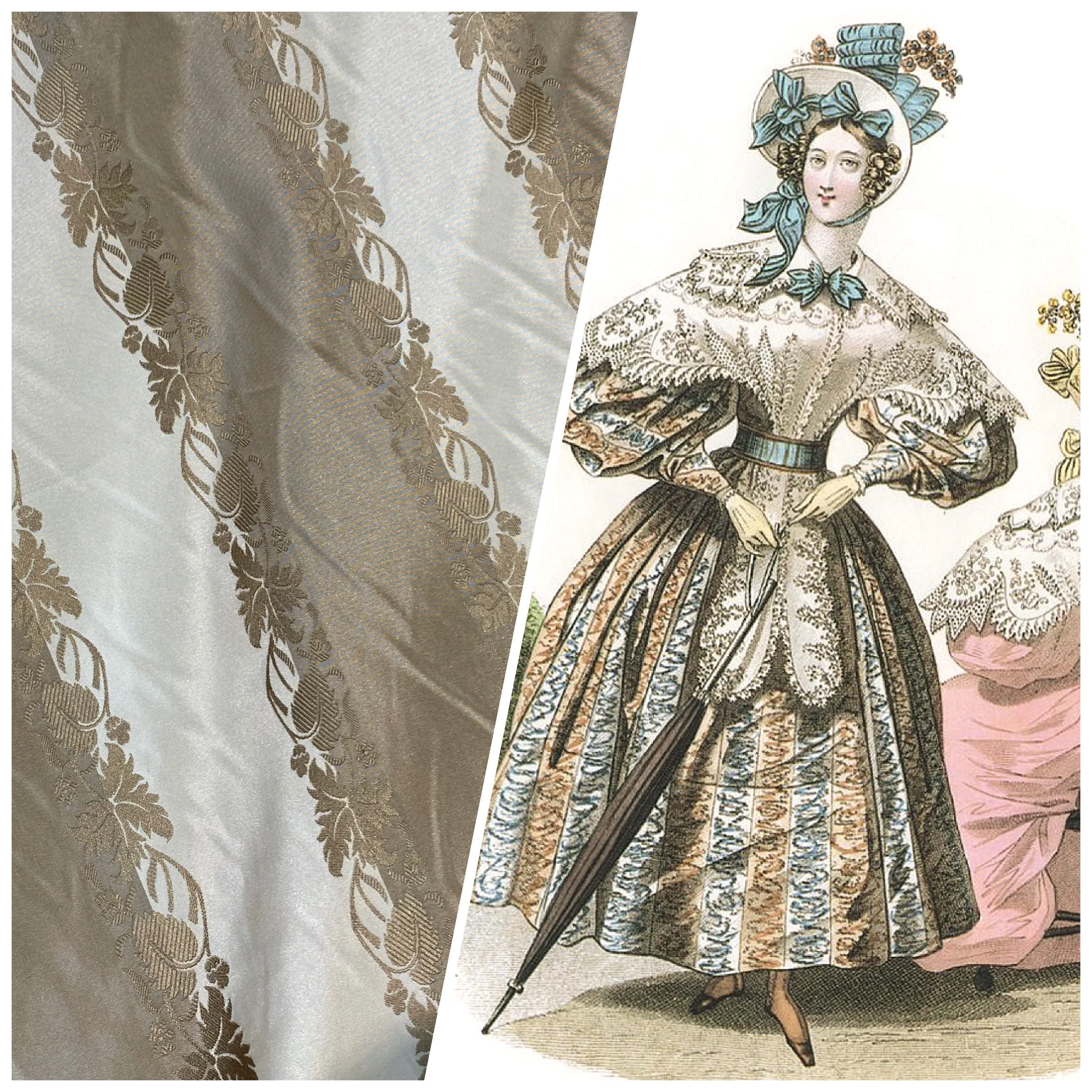 NEW Contessa Irene Faux Silk Taffeta Champagne and Old Gold Striped with Vine Embroidery