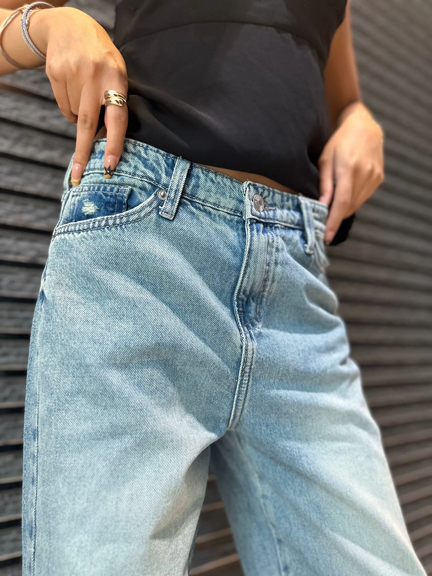 Straight Leg - Light Vintage Blue Split Hem Jeans.