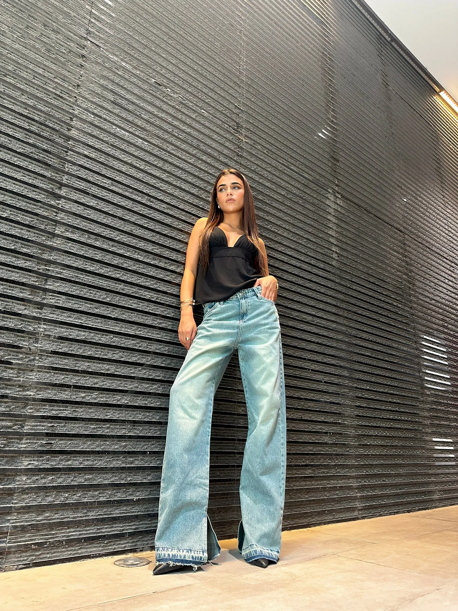 Straight Leg - Light Vintage Blue Split Hem Jeans.