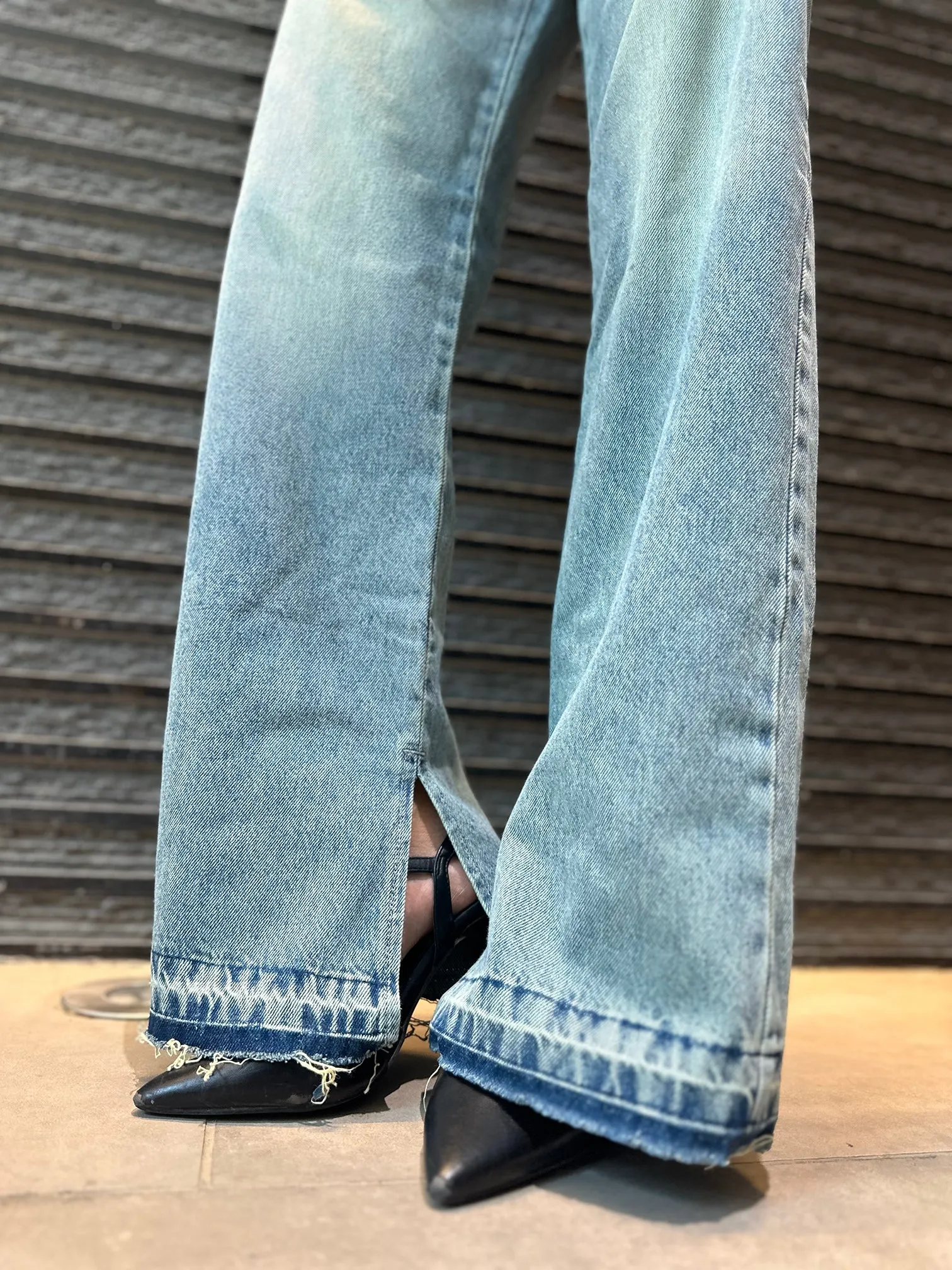 Straight Leg - Light Vintage Blue Split Hem Jeans.