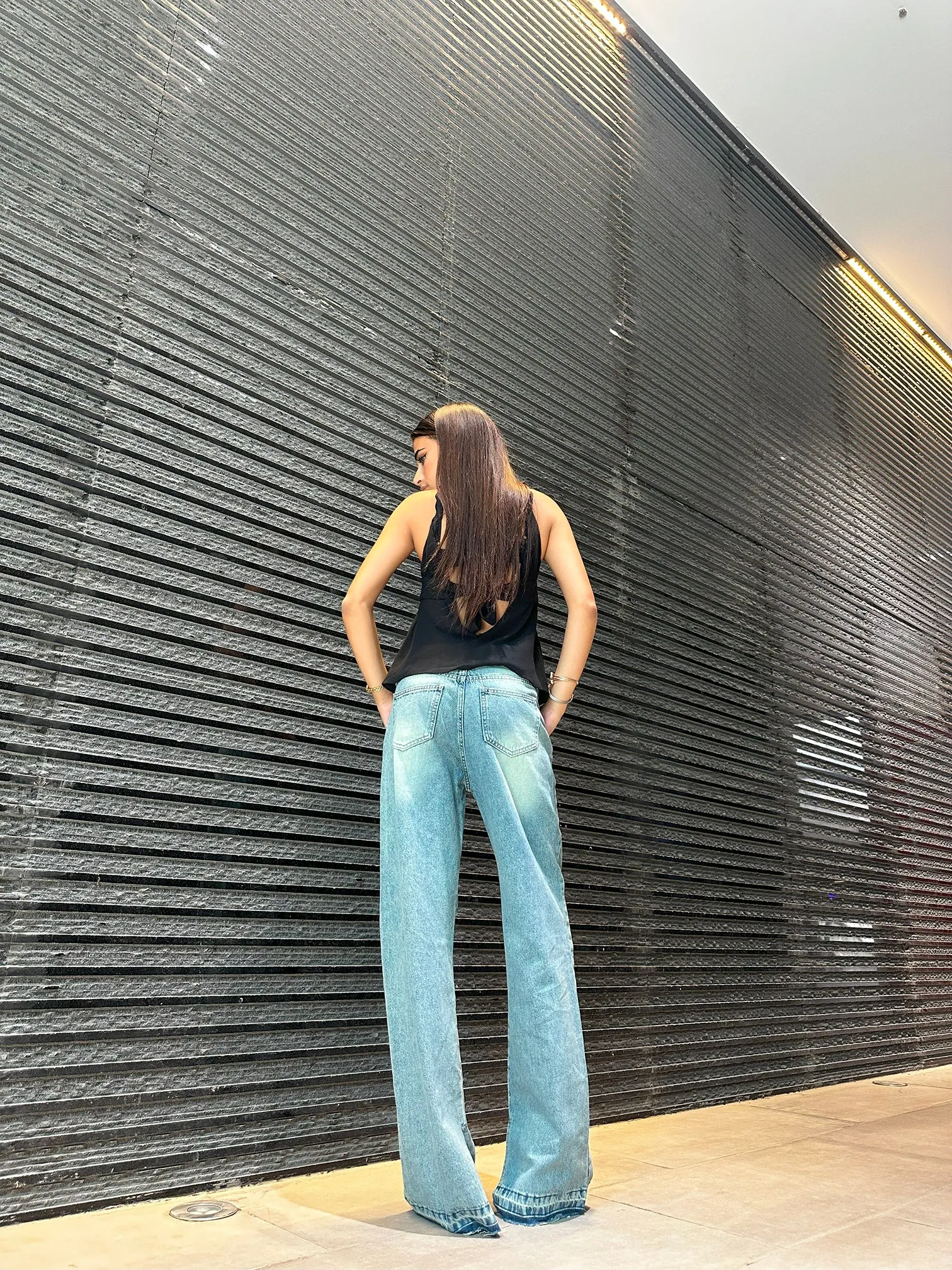 Straight Leg - Light Vintage Blue Split Hem Jeans.