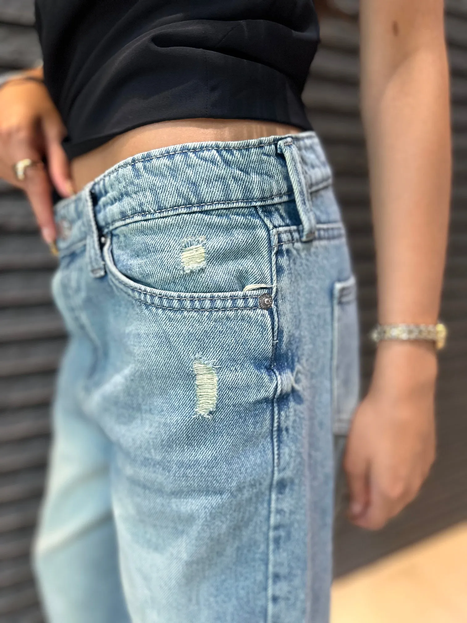 Straight Leg - Light Vintage Blue Split Hem Jeans.