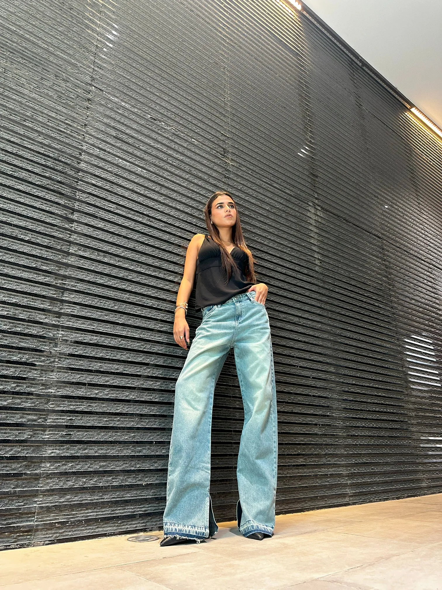 Straight Leg - Light Vintage Blue Split Hem Jeans.