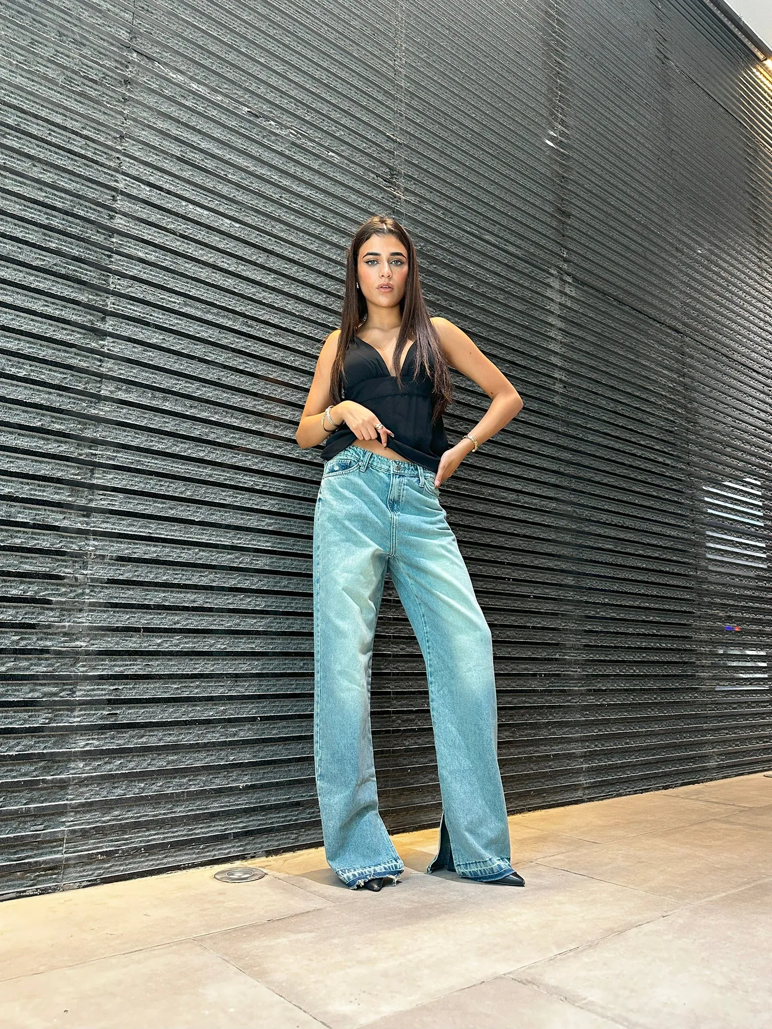 Straight Leg - Light Vintage Blue Split Hem Jeans.