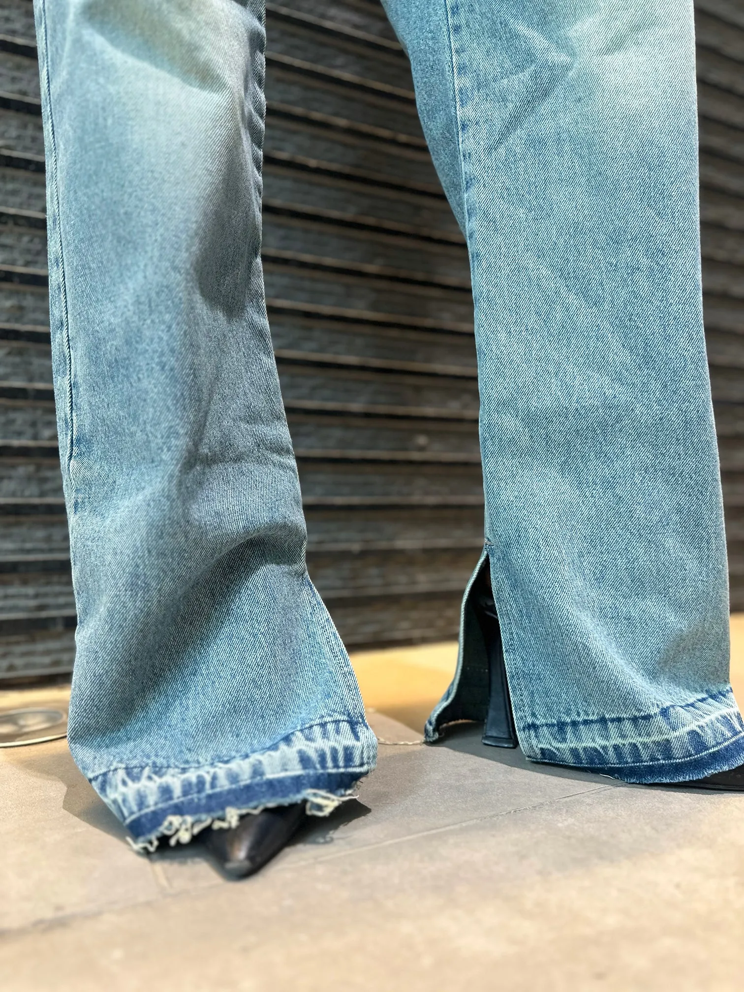 Straight Leg - Light Vintage Blue Split Hem Jeans.