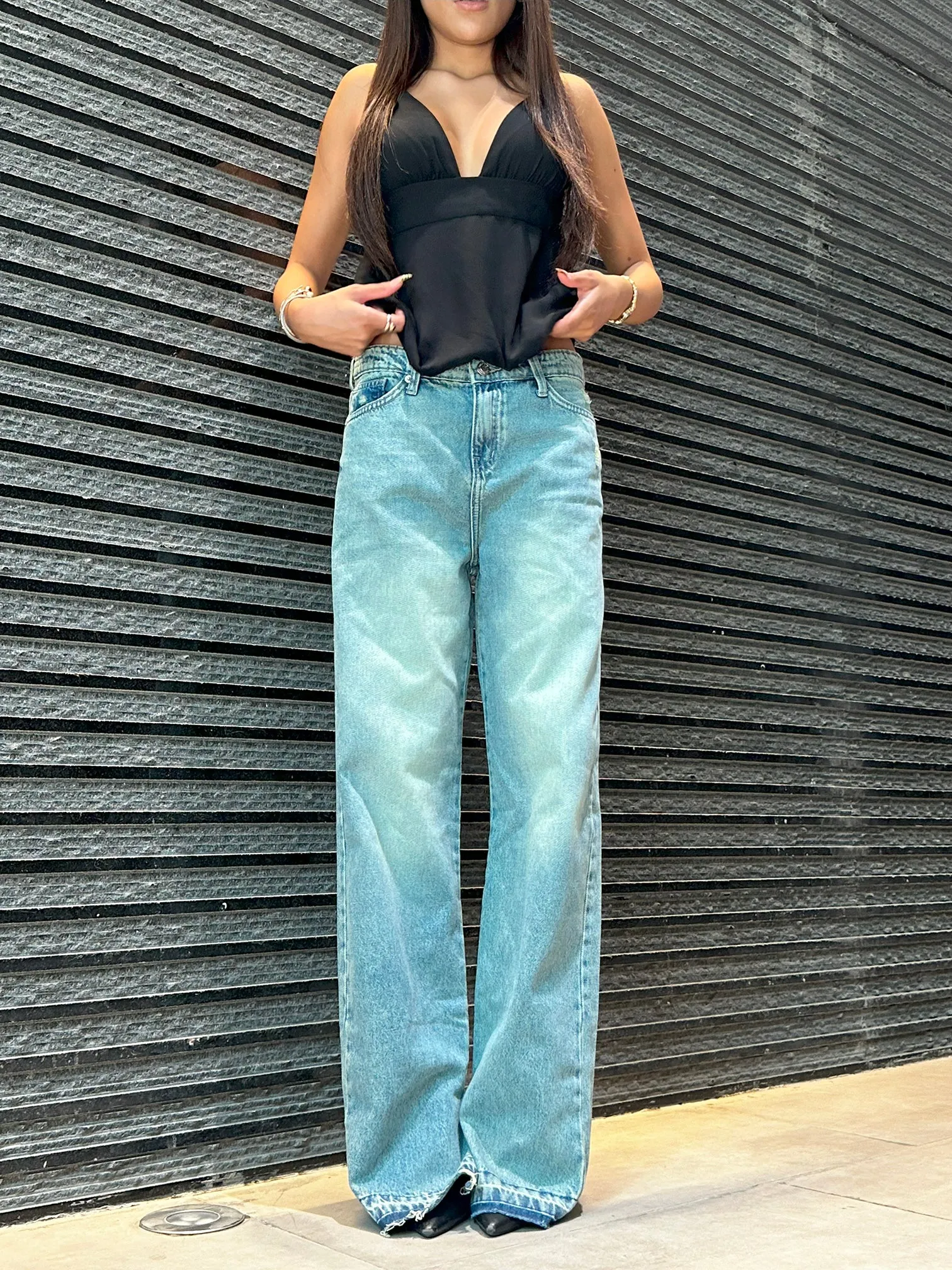 Straight Leg - Light Vintage Blue Split Hem Jeans.