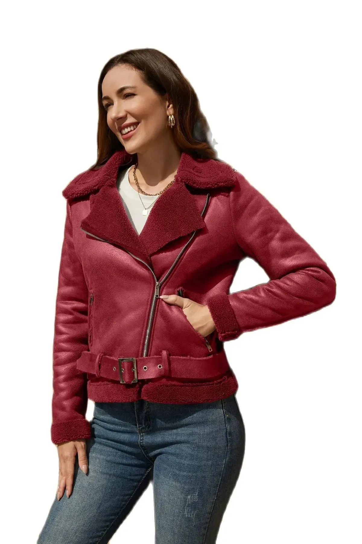 Stylish Warm Ladies Suede One Piece Jacket Leather Women Belted Coat