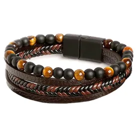 Tiger Eye Matte Black Onyx Leather Beaded Bracelet Men's