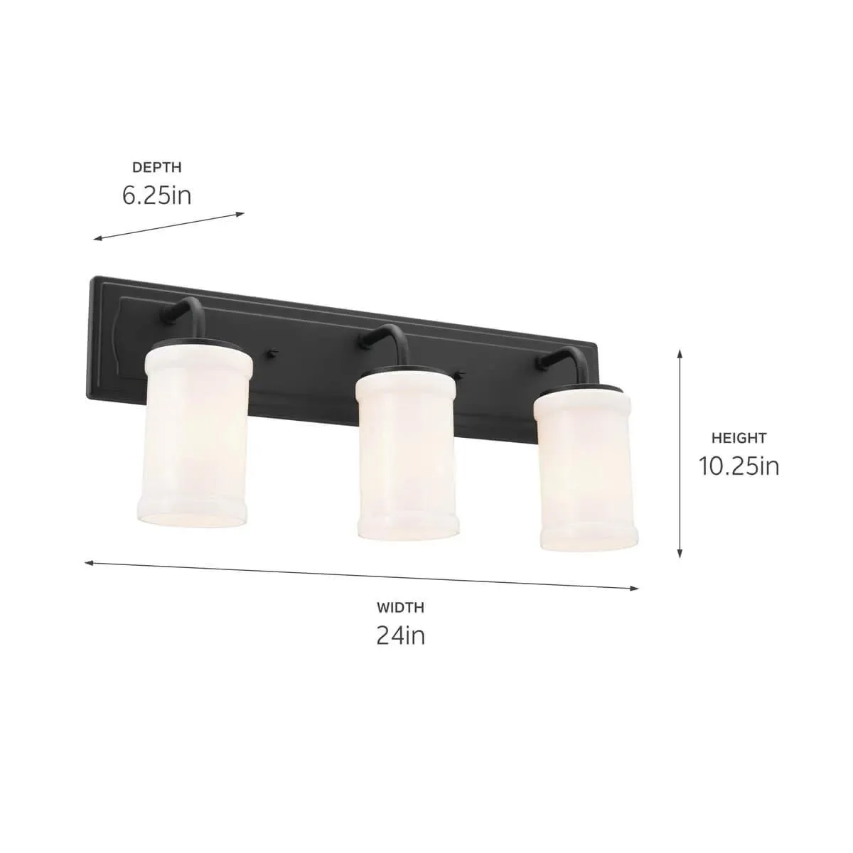 Vetivene 24 In 3-Lights Bathroom Vanity Light With Opal Glass, Black Finish